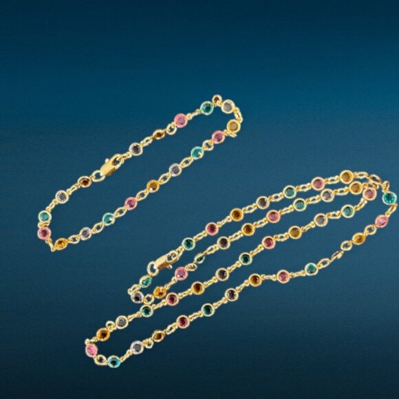 Multicolor Bezel Set Crystal Gold Plated Necklace Bracelet Set Dainty Layering - Picture 7 of 7